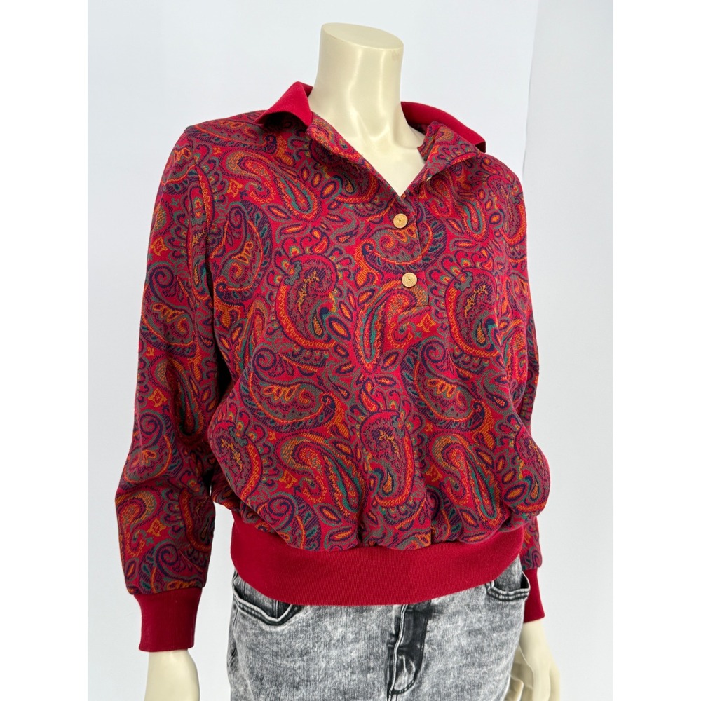 Vintage 90s Alfred Dunner Paisley Sweatshirt Red Collared Made in USA Medium